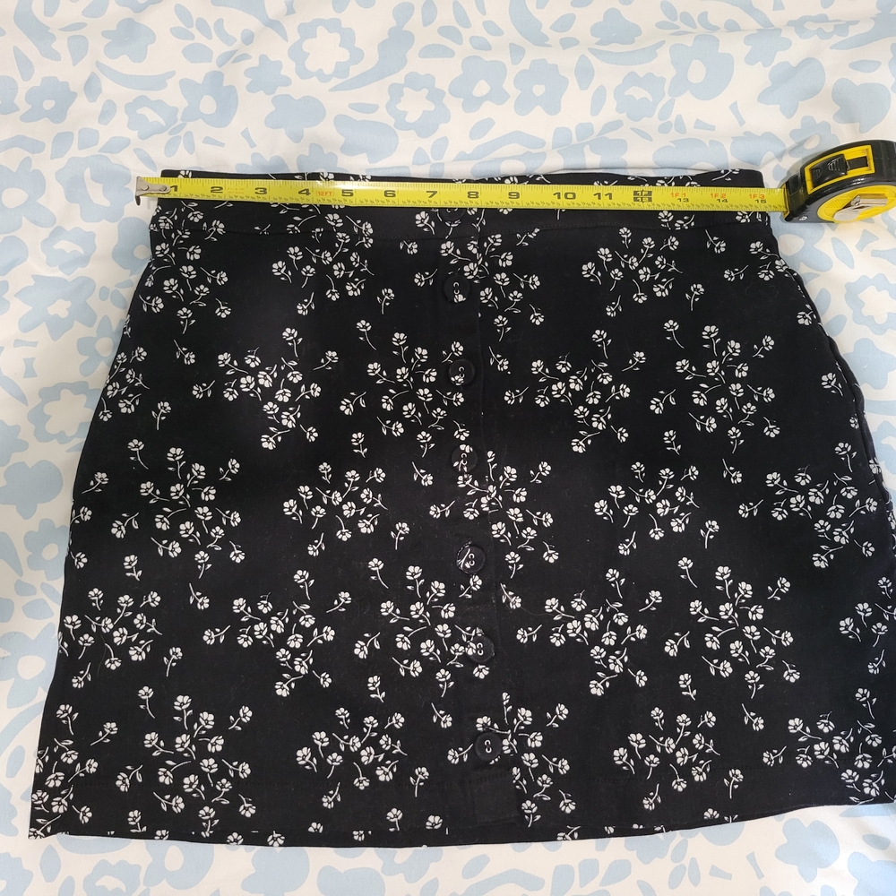 Floral Black A-line Skirt, Button Up Front